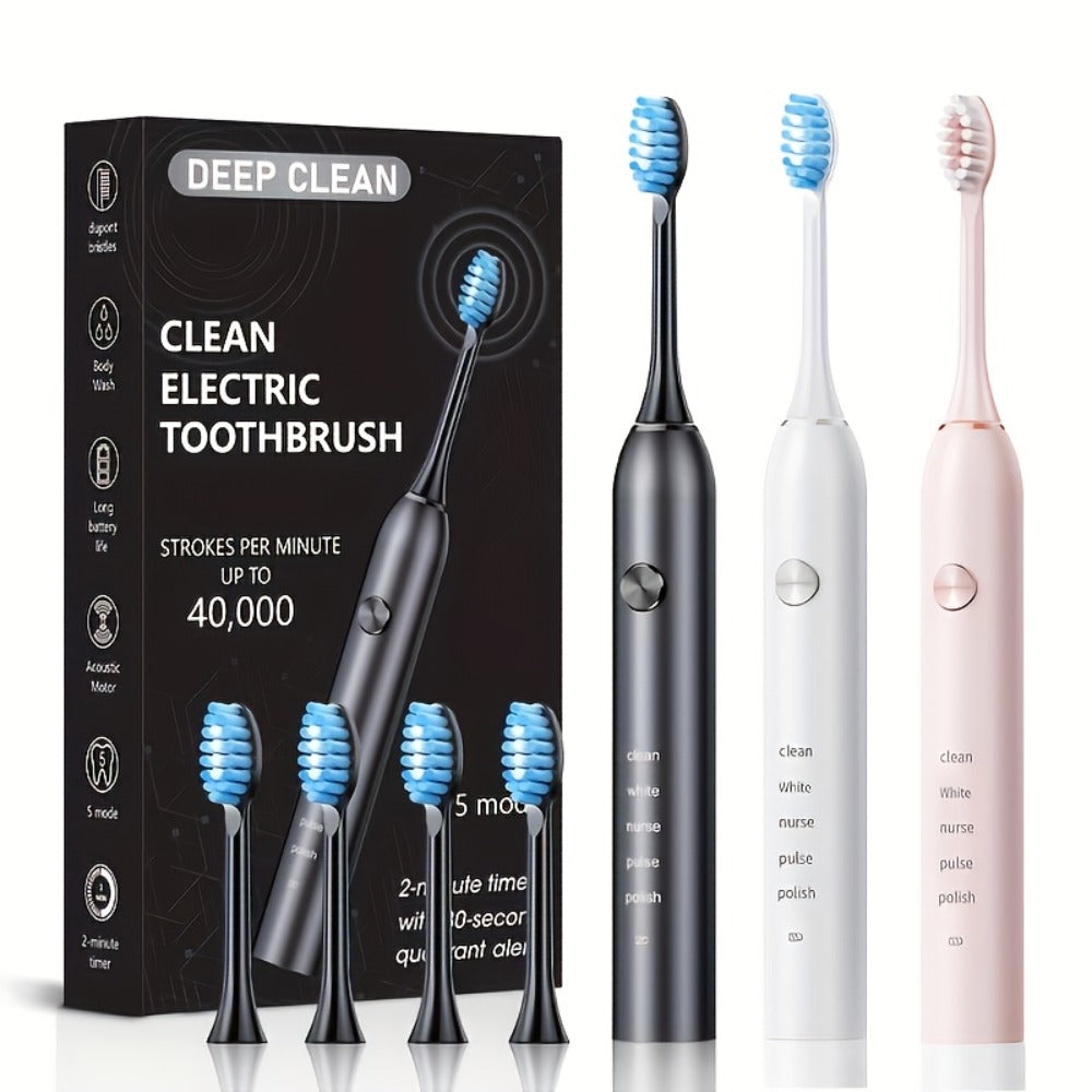 Electric Toothbrush with Five Modes, 40, 000 Vibrations per Minute, Type-C Charging and Four or Eight Heads