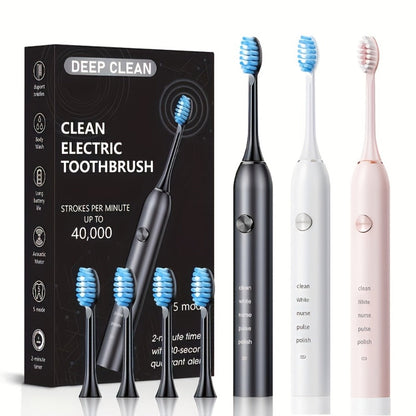 Electric Toothbrush with Five Modes, 40, 000 Vibrations per Minute, Type-C Charging and Four or Eight Heads