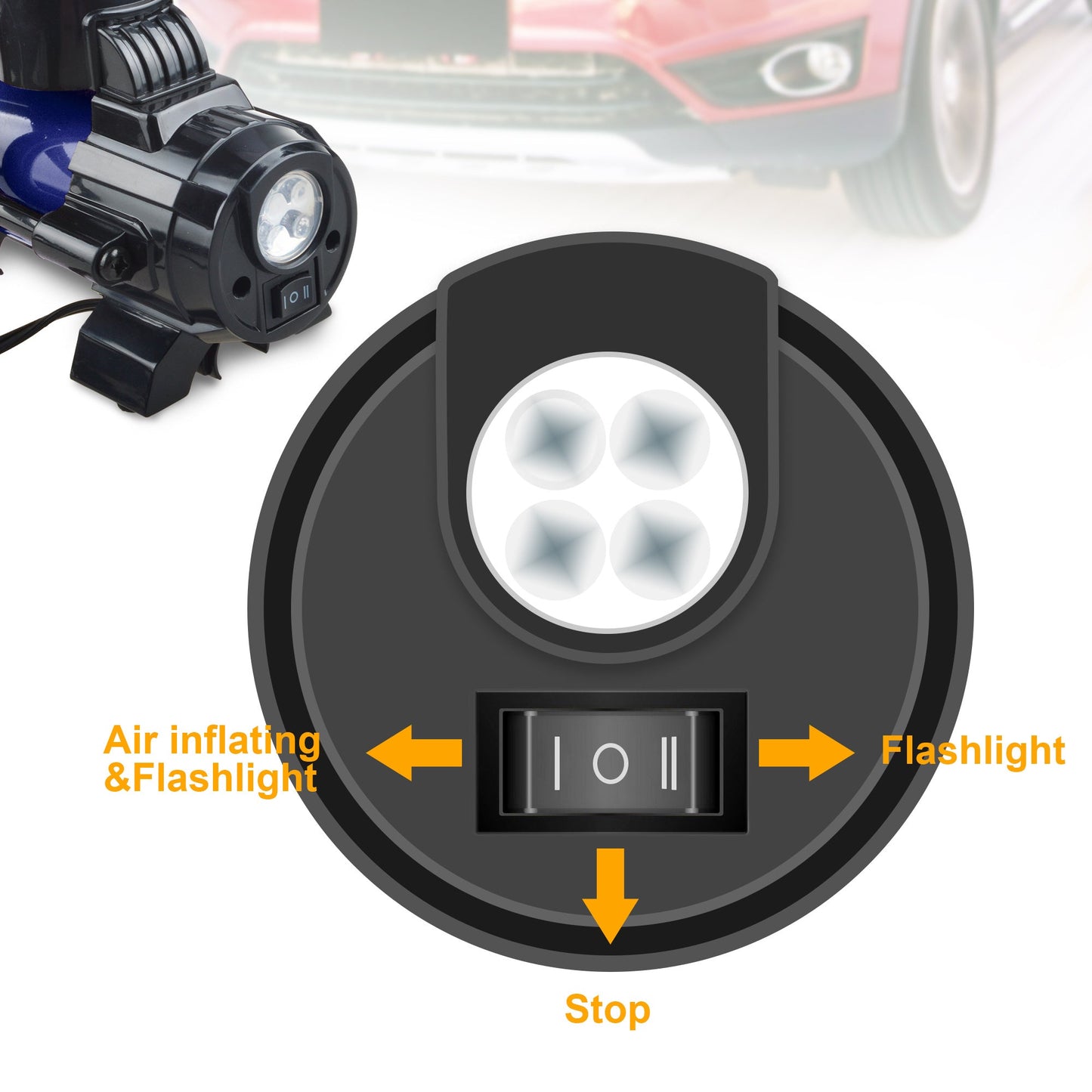 150 PSI 12V Tire Inflator with Analog Pressure Gauge, Carry Bag, Hose Accessories and Yellow or Blue Housing