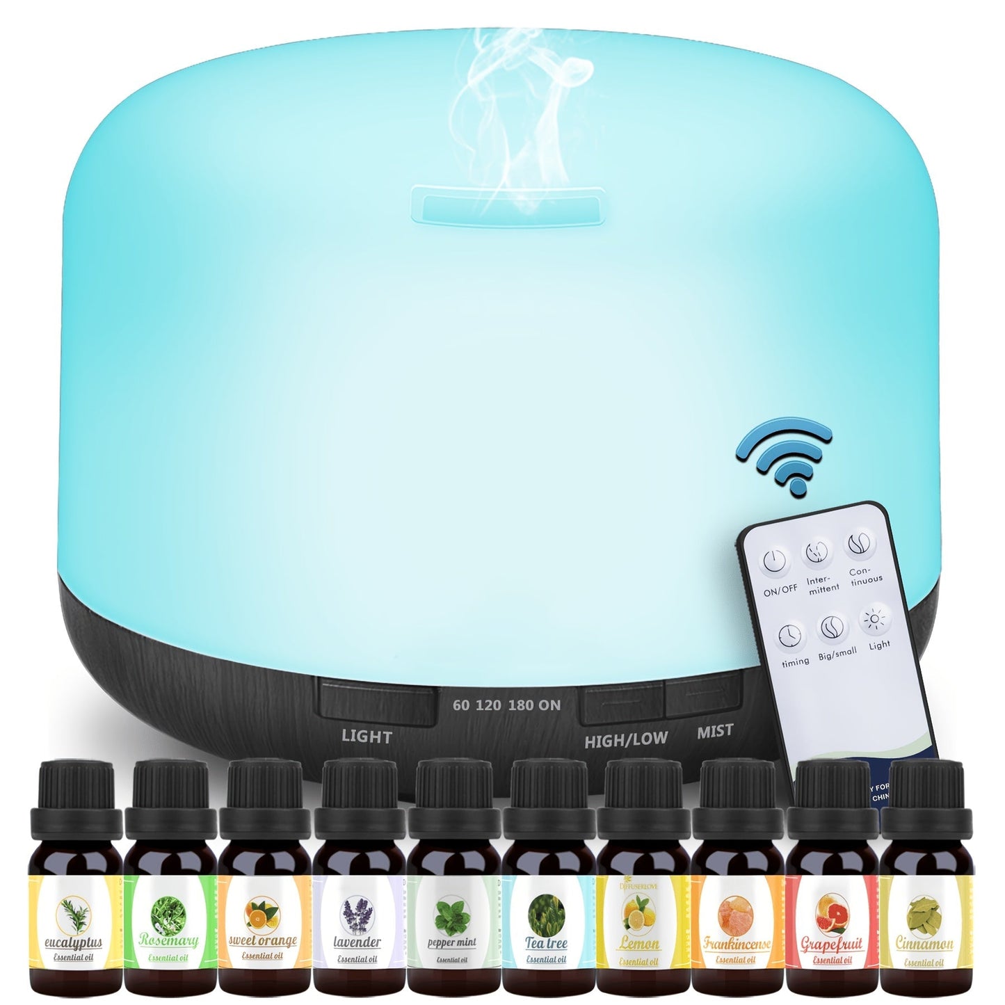 500ml Essential Oil Diffuser Set with Remote, Seven-Color Light, Timer Controls and 10 Oil Bottles