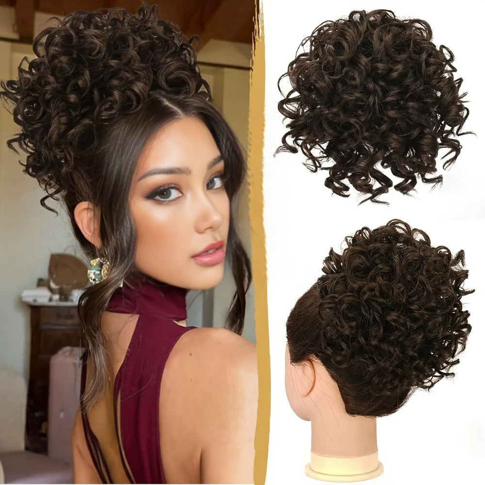 Hair Extensions Curly 10-Inch Synthetic Drawstring Bun with Comb Clips, 80g Weight and Two Brown Color Options