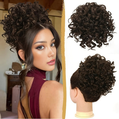 Hair Extensions Curly 10-Inch Synthetic Drawstring Bun with Comb Clips, 80g Weight and Two Brown Color Options