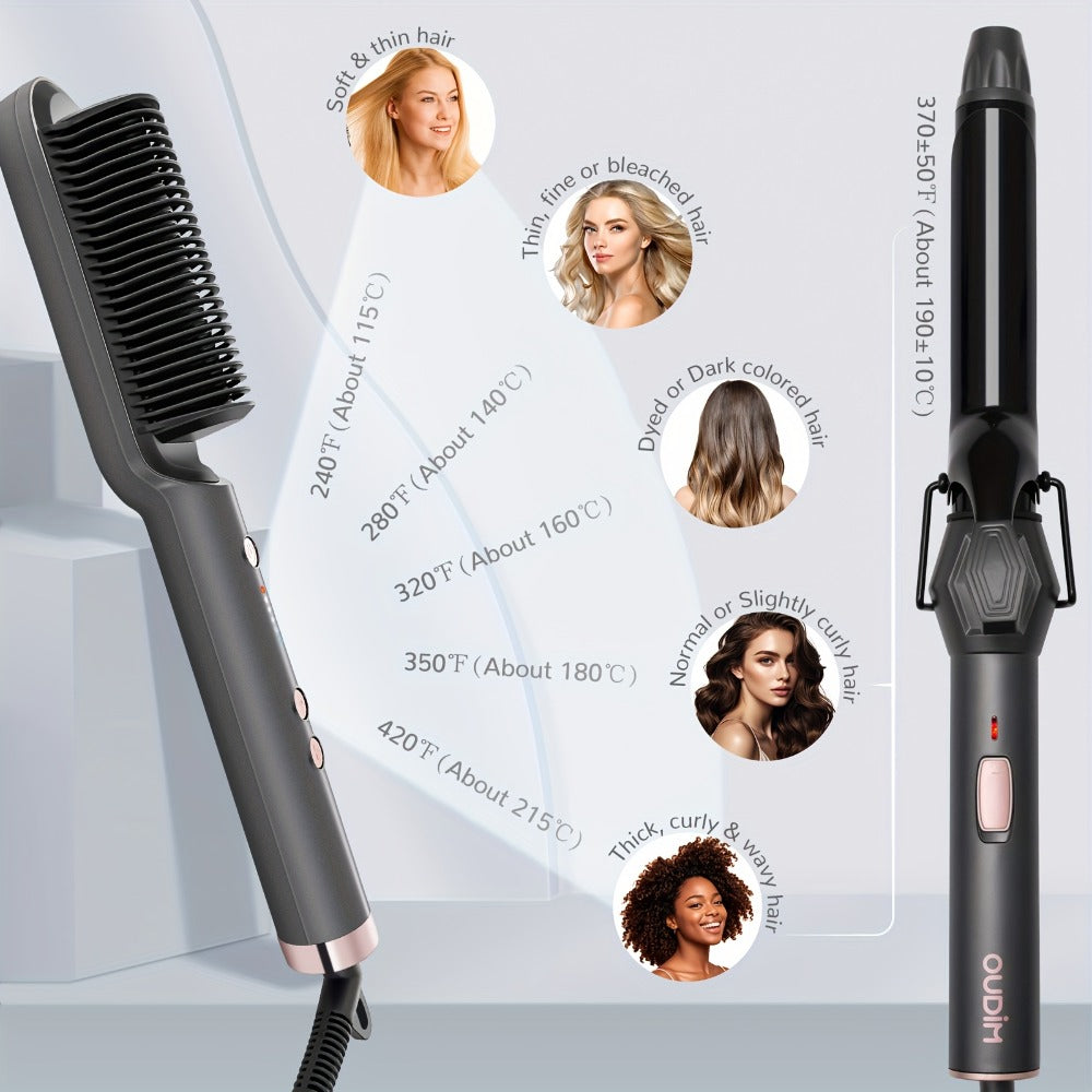 Hair Straightener & Curling Iron Set for Women, Flat Iron Straightening Brush, Anti-Scald, Precise Temperature Control