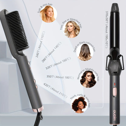 Hair Straightener & Curling Iron Set for Women, Flat Iron Straightening Brush, Anti-Scald, Precise Temperature Control