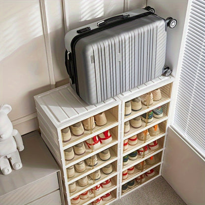 Shoe Rack Organizer 9-Tier, Collapsible Clear Plastic Foldable Stackable Shoe Cabinet with Shelves & Doors