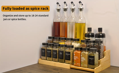 Expandable Bamboo Spice Rack with Three Stepped Tiers, 9.5-15.7-Inch Width and One- or Two-Piece Options