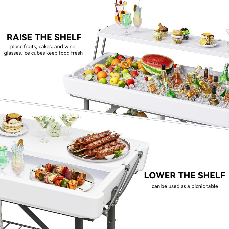 2-Tier Ice Table 40.5" Folding Bar Cooler with Drain, Skirt & Metal Shelf, Double-Layer Outdoor Beverage Station for Parties