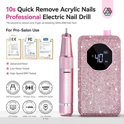 Electric Nail Drill 40000 RPM Rechargeable Professional Nail Drill Machine 4000mAh Battery LCD Display Ceramic Bits Sanding Bands