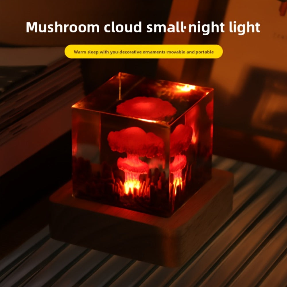 Night Light Mushroom Cloud USB LED Display Lamp with Red Glow, Clear Cube Shade and Sci-Fi Desk Accent Design