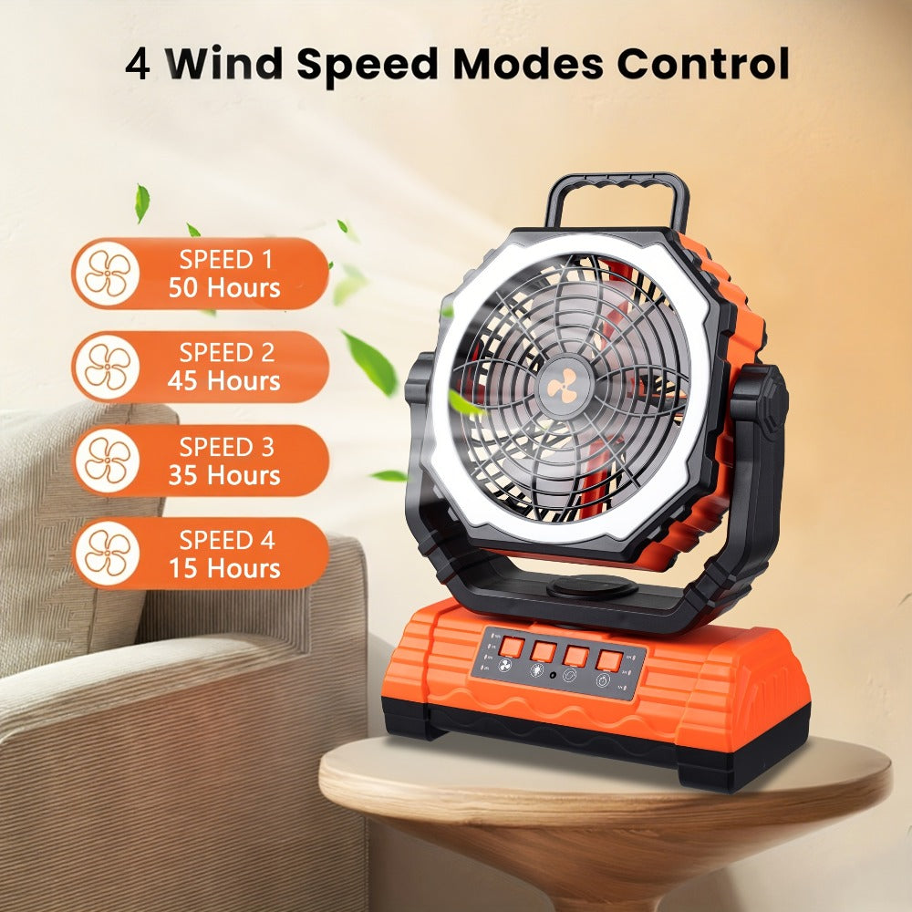 Portable Camping Fan with Dual Motors LED Light & Remote Control, Solar Powered Outdoor Fan with Hook for Tent Work Site Power Outage