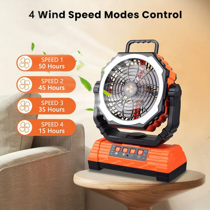 Portable Camping Fan with Dual Motors LED Light & Remote Control, Solar Powered Outdoor Fan with Hook for Tent Work Site Power Outage