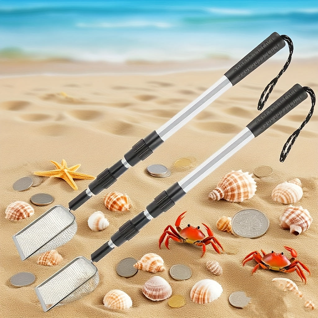 Beach Sand Sifter Scoop Telescopic Handle – Stainless Steel Retractable 3-Section Scoop for Treasure Hunting Shell Collecting Beach Combing