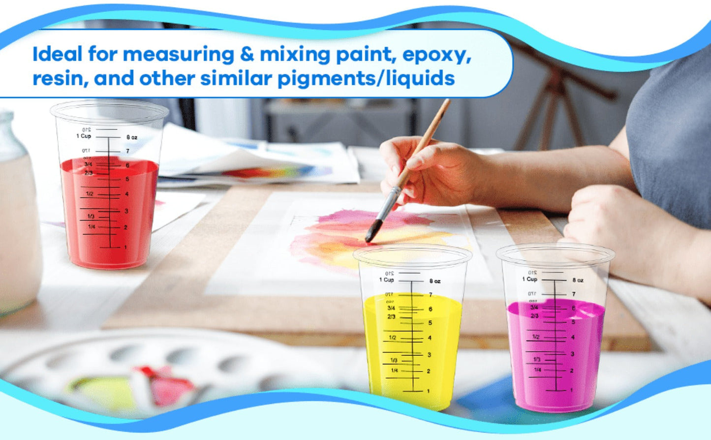 Plastic Measuring Cups with Wooden Sticks 100 Sets Clear Graduated Mixing Cups oz/ml/cc for Resin
