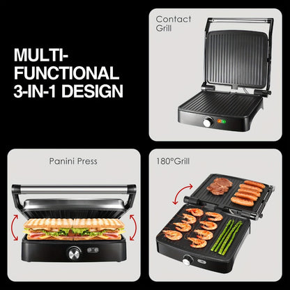 Panini Press Sandwich Maker 1200W, 4-Slice Non-Stick Grill with 180° Opening Adjustable Temperature 120-428°F & Removable Drip Tray