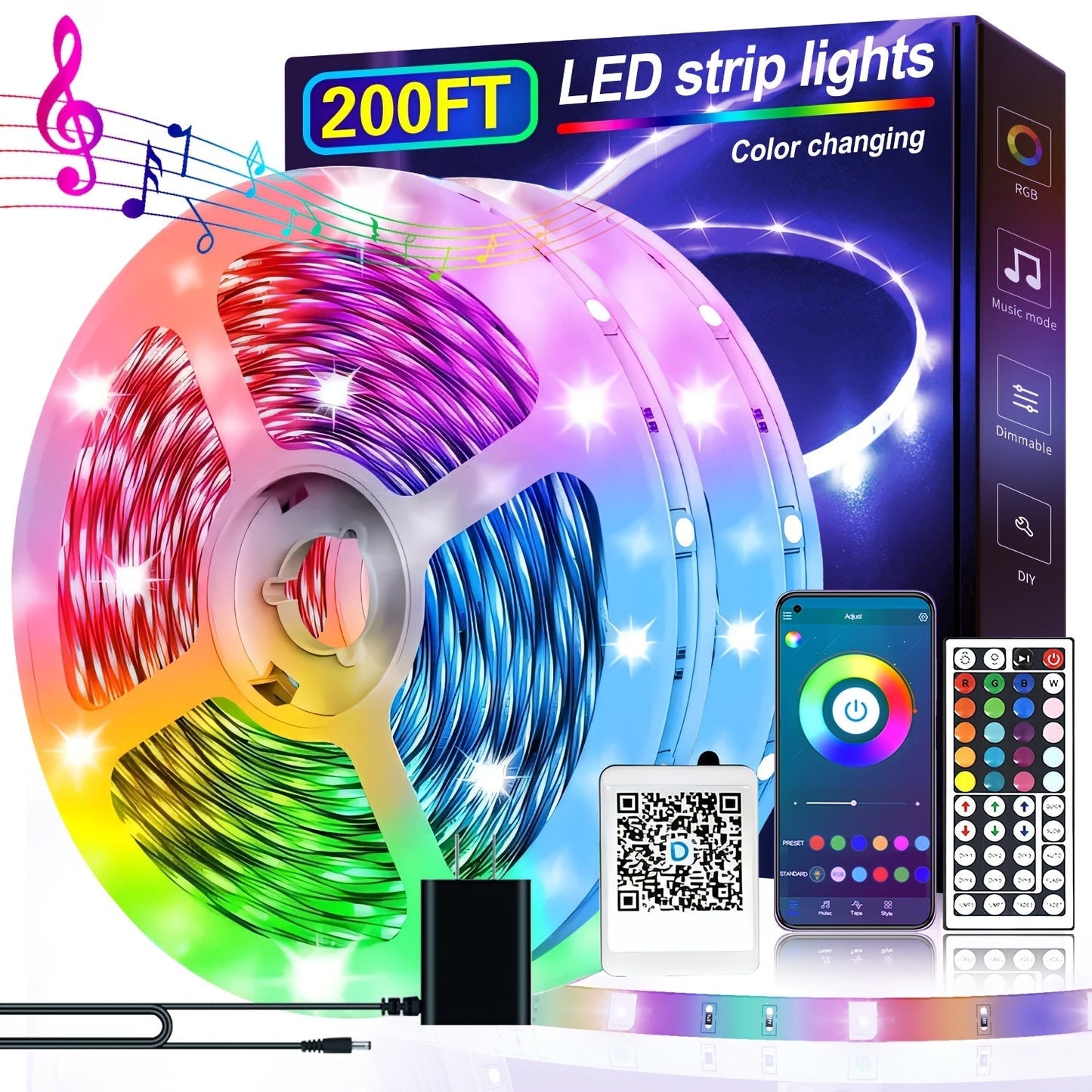 RGB LED Smart Light Strip 200FT Music Sync Color Changing, 44-Key Remote, Multi-Color Adjustable