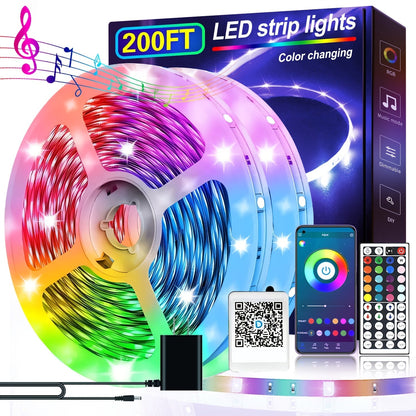 RGB LED Smart Light Strip 200FT Music Sync Color Changing, 44-Key Remote, Multi-Color Adjustable
