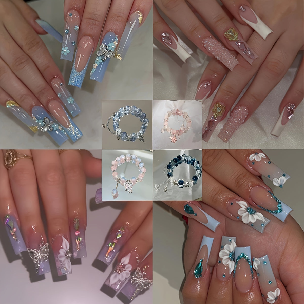 Press On Nails 96-Piece Long Ballerina Blue Gradient 3D Flower Butterfly Set with Four Bracelets