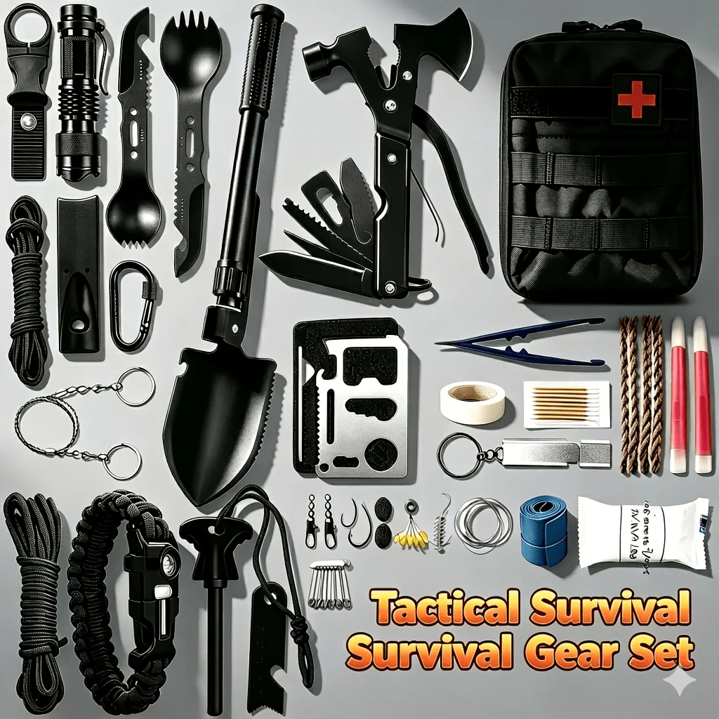 Shovel and Axe Outdoor Tool Kit with Folding Implements, Fire-Starting Accessories and Zippered Carry Bag