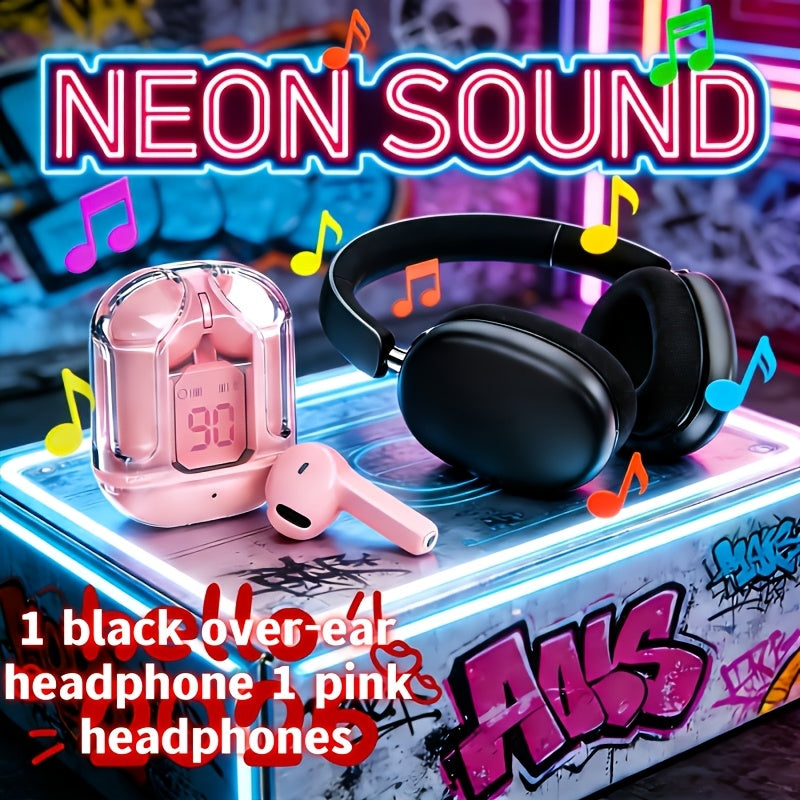 Cute Pink Cat Ear Headphones & Wireless Earbuds Gift Set Bundle LED Glowing Over-Ear for Bedside Audio, Alarms and Room Entertainment