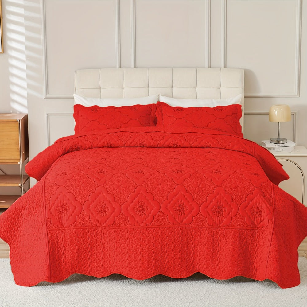 Quilt Set 3 Piece Floral Embroidery Bedspread – 100% Polyester Wrinkle Resistant Lightweight Quilted Coverlet with 2 Pillow Shams for Full