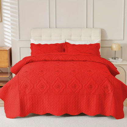 Quilt Set 3 Piece Floral Embroidery Bedspread – 100% Polyester Wrinkle Resistant Lightweight Quilted Coverlet with 2 Pillow Shams for Full