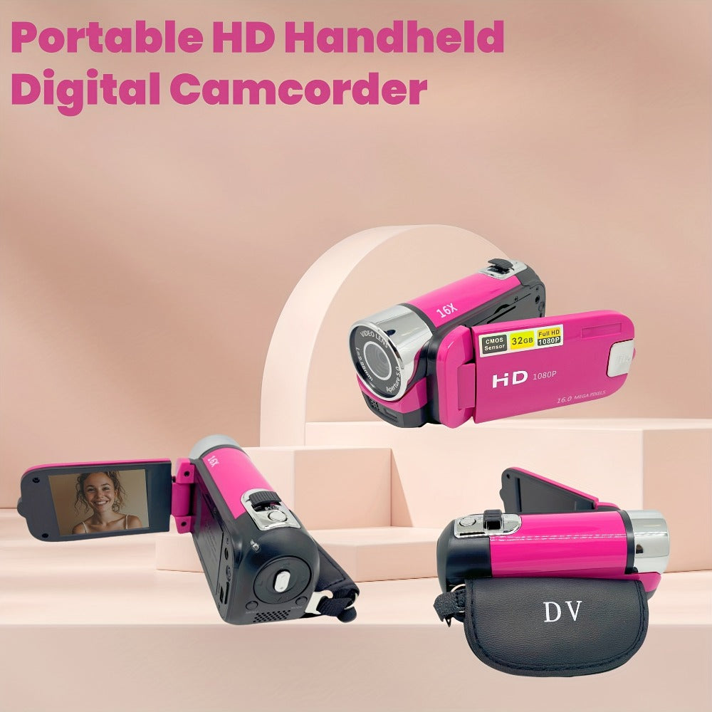 Portable 1080P Digital Camcorder with Rotating Screen & 32G Memory Card, Rechargeable Battery, Selfie Support
