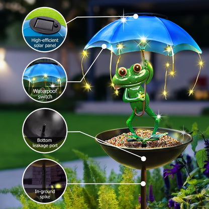 Solar Garden Decor Frog with Umbrella LED Light, Iron Frog Outdoor Statue with Solar Powered LED