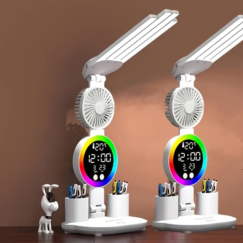 LED Desk Lamp with Built-in Fan & Touch Control, Dual Head Adjustable, USB Charging, 3 Color Modes Dimmable