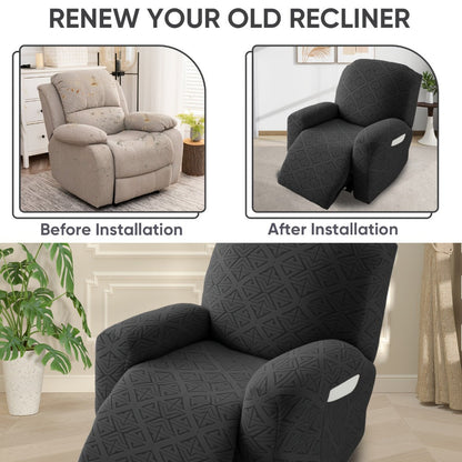 Four-Piece Geometric Jacquard Recliner Chair Cover Set with Labeled Left, Right, Back and Front Sections