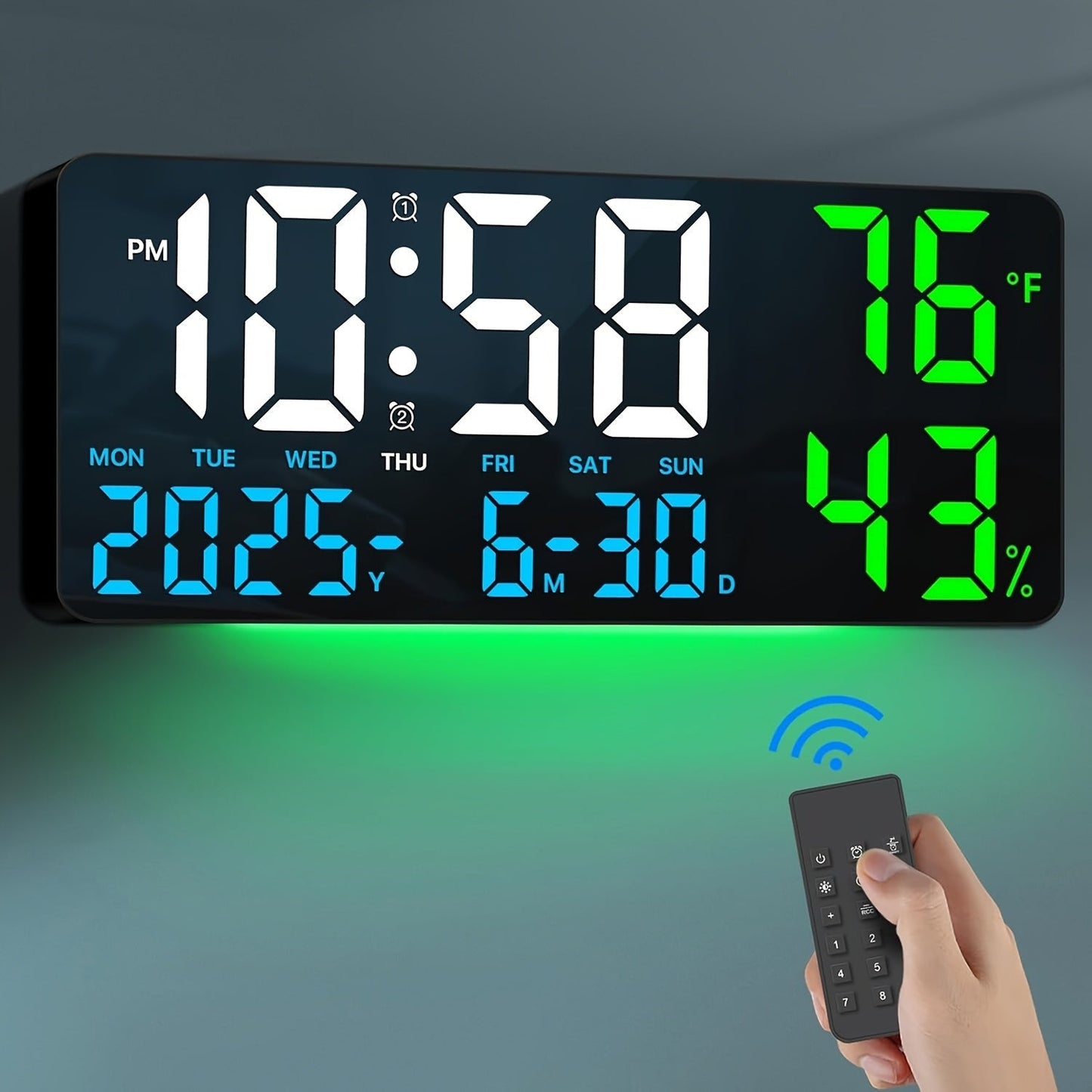 Large LED Wall and Desk Clock with Nine Display Checkouts, Calendar, Temperature and Humidity Readouts