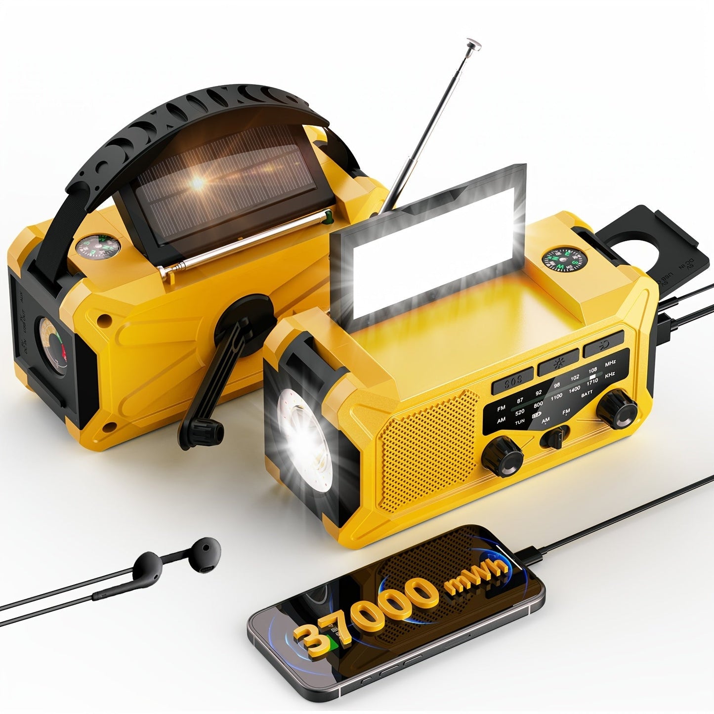 10000mAh AM/FM Emergency Radio with Solar Panel, Hand Crank, Reading Light and Yellow or Green Case