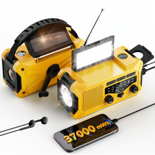 10000mAh AM/FM Emergency Radio with Solar Panel, Hand Crank, Reading Light and Yellow or Green Case