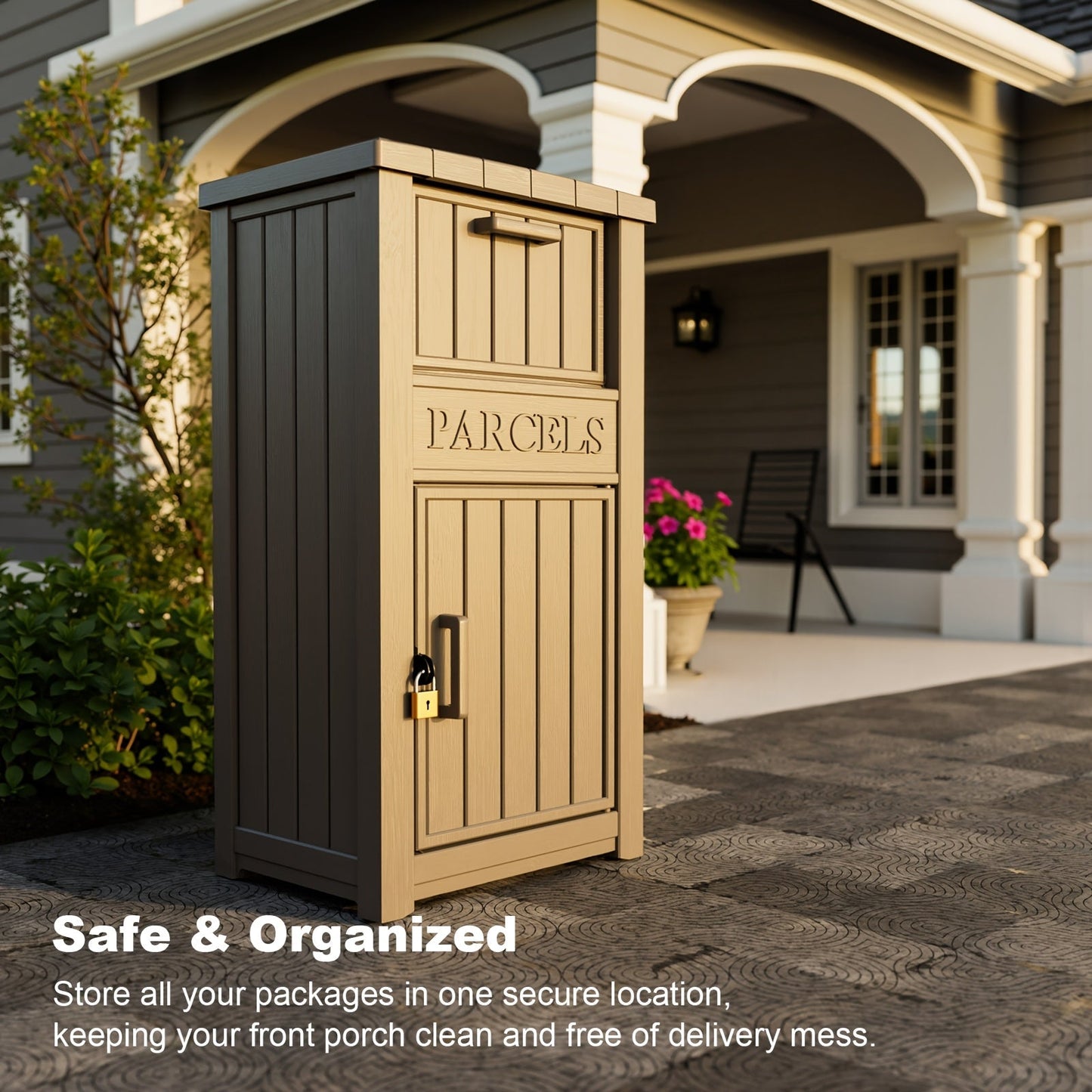 Tall Light-Brown Parcel Outdoor Storage Box with Drop Compartment, Front Door and Lock Hardware