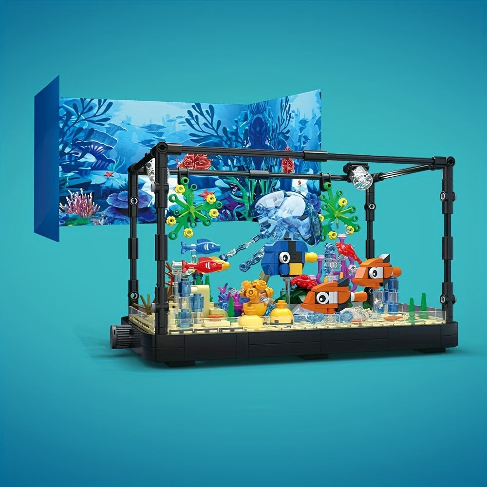 LED Aquarium Building Block Set, Fish Tank Marine Jellyfish Brick Model Kit with Glowing Light