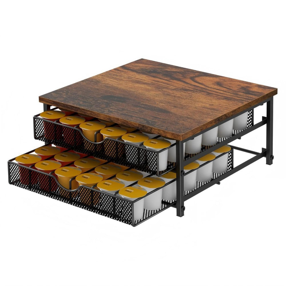 K-Cup Coffee Pod Holder 72 Capacity – 2-Tier Sliding Drawer Coffee Pod Organizer with Wood Top & Metal Frame, Non-Slip Base