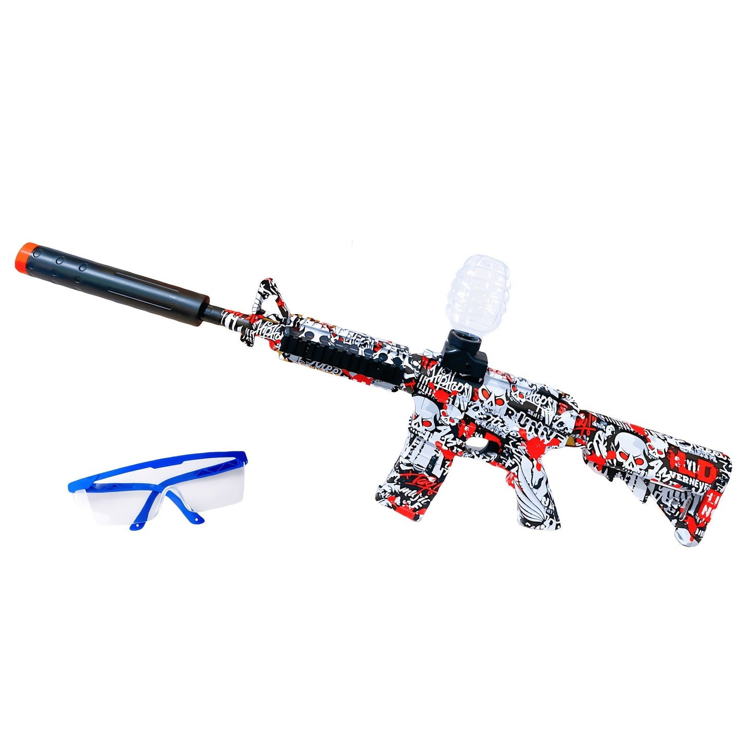 Red-White-and-Black Rifle-Style Electric Gel Blaster Set with Hopper, Stock, Barrel, Goggles and USB Cable