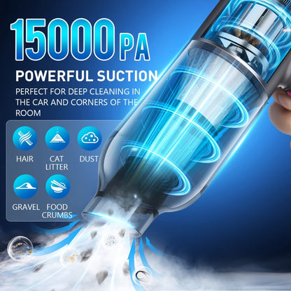15, 000Pa Cordless Handheld Vacuum Cleaner with Brushless Motor, Clear Dust Cup, Blower and Pump Heads