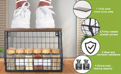 Stackable Metal Wire Fruit Basket with Lid, 1 or 2-Tier Hanging Kitchen Pantry Storage Bin