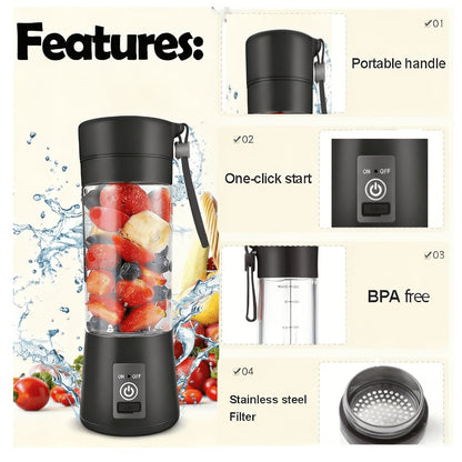 Mini Blender USB Rechargeable 380ml - 6-Blade 22000RPM High-Speed Portable Blender Cup, 304 Stainless Steel