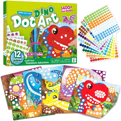 Dinosaur Dot Sticker Art Kit with 12 Picture Canvases and More Than 1, 400 Colored Dot Stickers