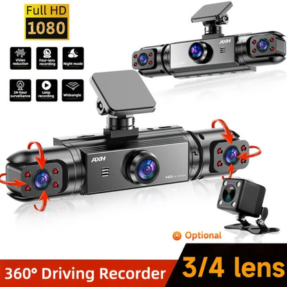 360° Panoramic Dash Cam 3 & 4 Lens 1080P HD Front + 720P Rear Left Right, Quad-Split Screen, HD Night Vision WDR G-Sensor Loop Recording