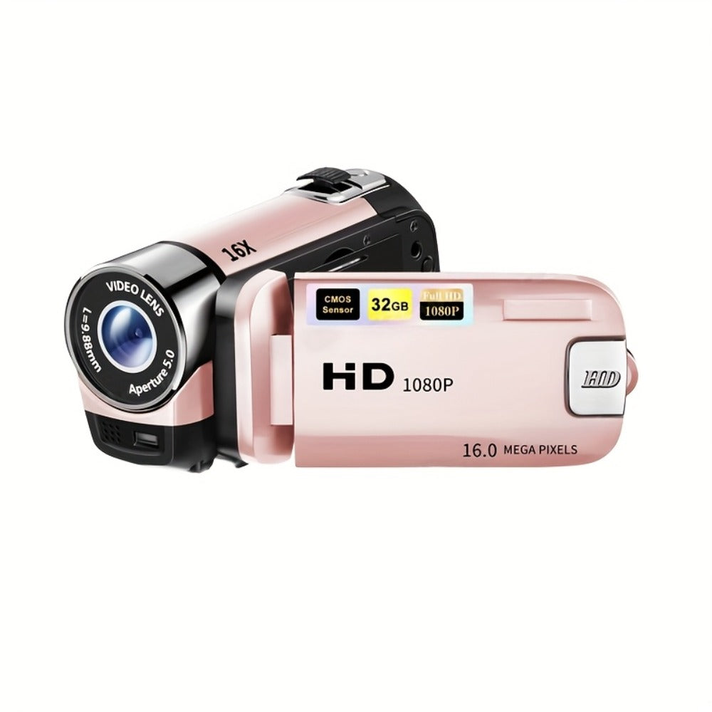 Portable 1080P Digital Camcorder with Rotating Screen & 32G Memory Card, Rechargeable Battery, Selfie Support