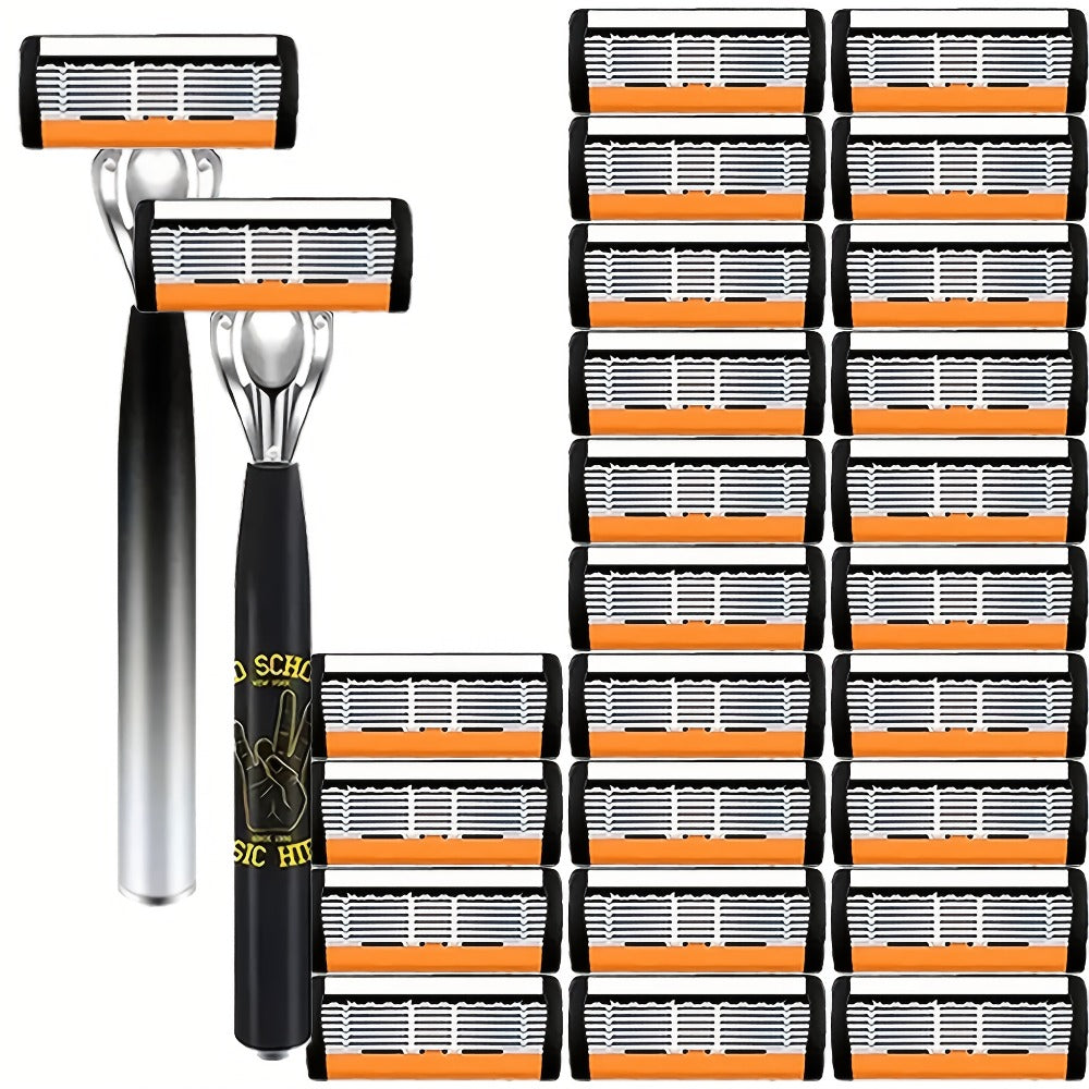 Safety Razor Set for Men 2 Anti-Slip Handles & 24 Ultra-Sharp Replaceable Stainless Steel Blades – Smooth Painless Close Shave