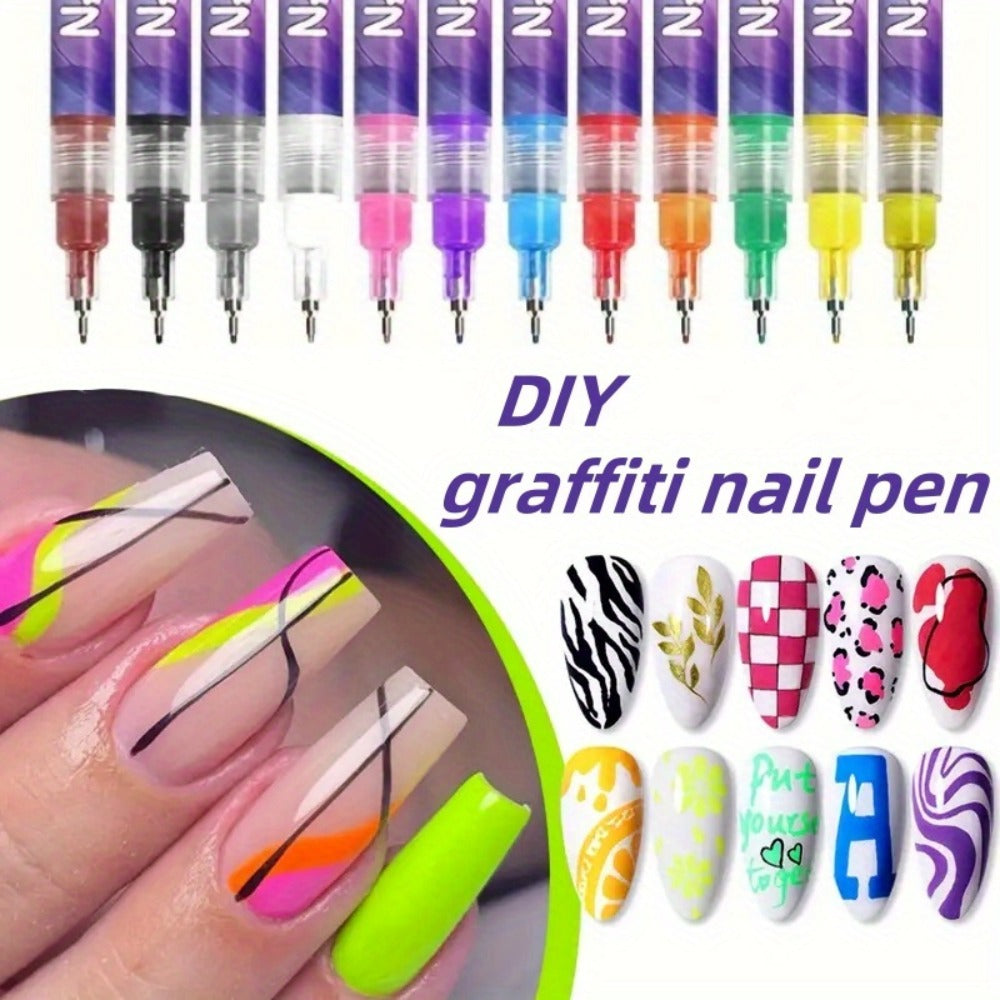 Nail Art Pens 12-Color Water-Based Marker Set with Round Clear Bodies and Extra-Fine Detail Tips