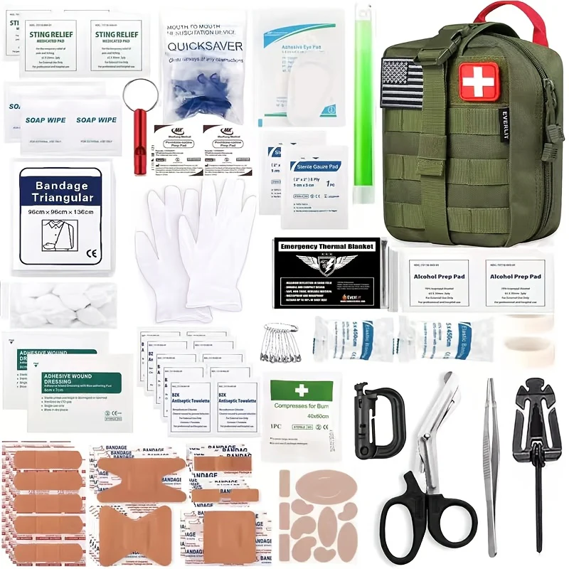258-Piece Outdoor Tool and First Aid Supply Kit with Five Color-Labeled Molle Pouch Options