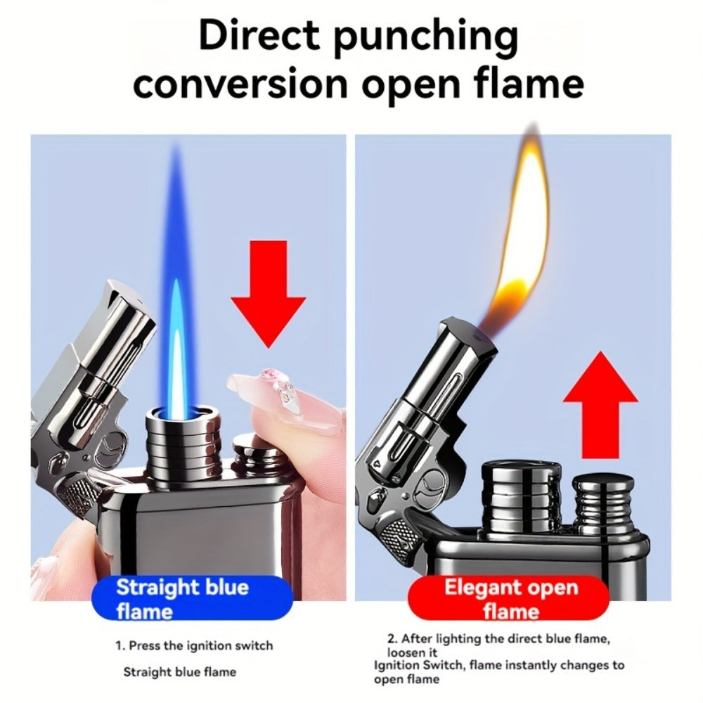 Double Flame Windproof Lighter Creative Retro Metal Lighter Dragon Eagle Gun Shape Quartz Dial Portable Outdoor Lighter Men Gift Box Butane