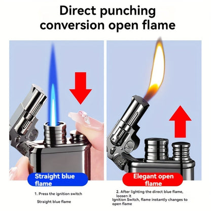 Double Flame Windproof Lighter Creative Retro Metal Lighter Dragon Eagle Gun Shape Quartz Dial Portable Outdoor Lighter Men Gift Box Butane