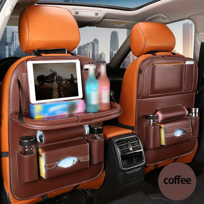 Car Rear Seat Organizer with Foldable Table, Footrest, Cup Holder, Tissue Box & Laptop Base – 2-Piece Premium Back Seat Storage Box Travel