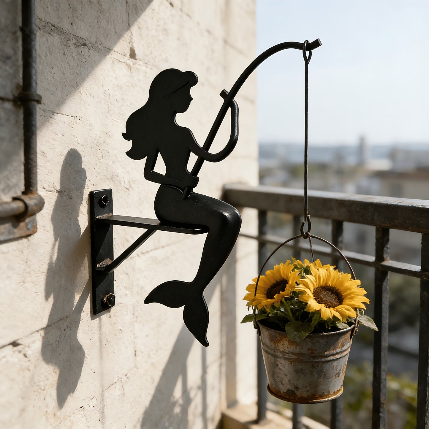 Wall Planter Hanging Iron Art Mermaid Flower Pot Holder for Balcony Vertical Garden – Creative Fisherman Theme Indoor Outdoor Plant Stand