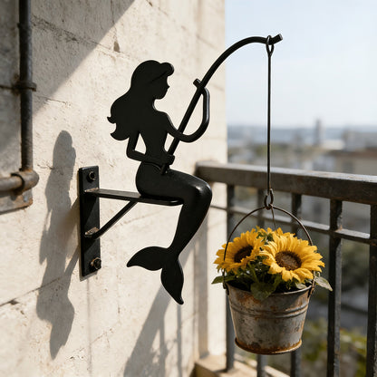 Wall Planter Hanging Iron Art Mermaid Flower Pot Holder for Balcony Vertical Garden – Creative Fisherman Theme Indoor Outdoor Plant Stand